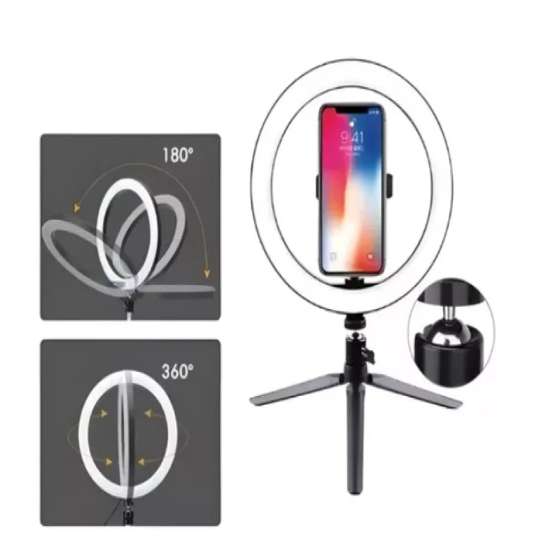 Ring Light 8 Pol + Tripé de Mesa + Suporte para Celular