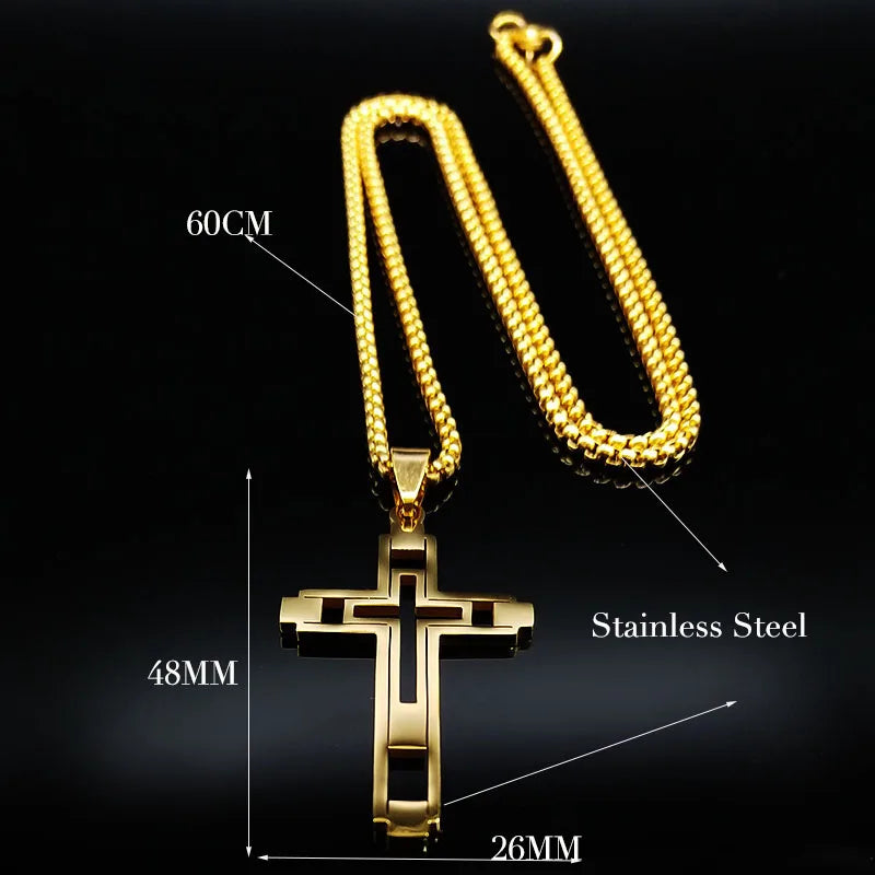 Cruz de Aço Inoxidável – Gargantilha Colar para Homem Banhada a Ouro – Joias Masculinas com Corrente Estilosa (Modelo N1173S02)