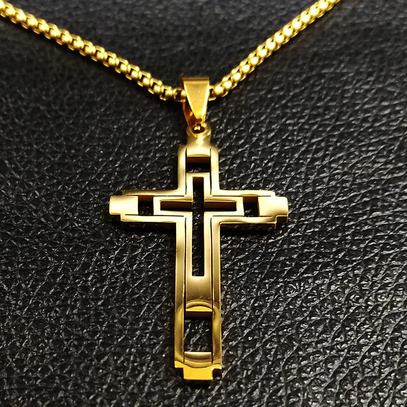 Cruz de Aço Inoxidável – Gargantilha Colar para Homem Banhada a Ouro – Joias Masculinas com Corrente Estilosa (Modelo N1173S02)