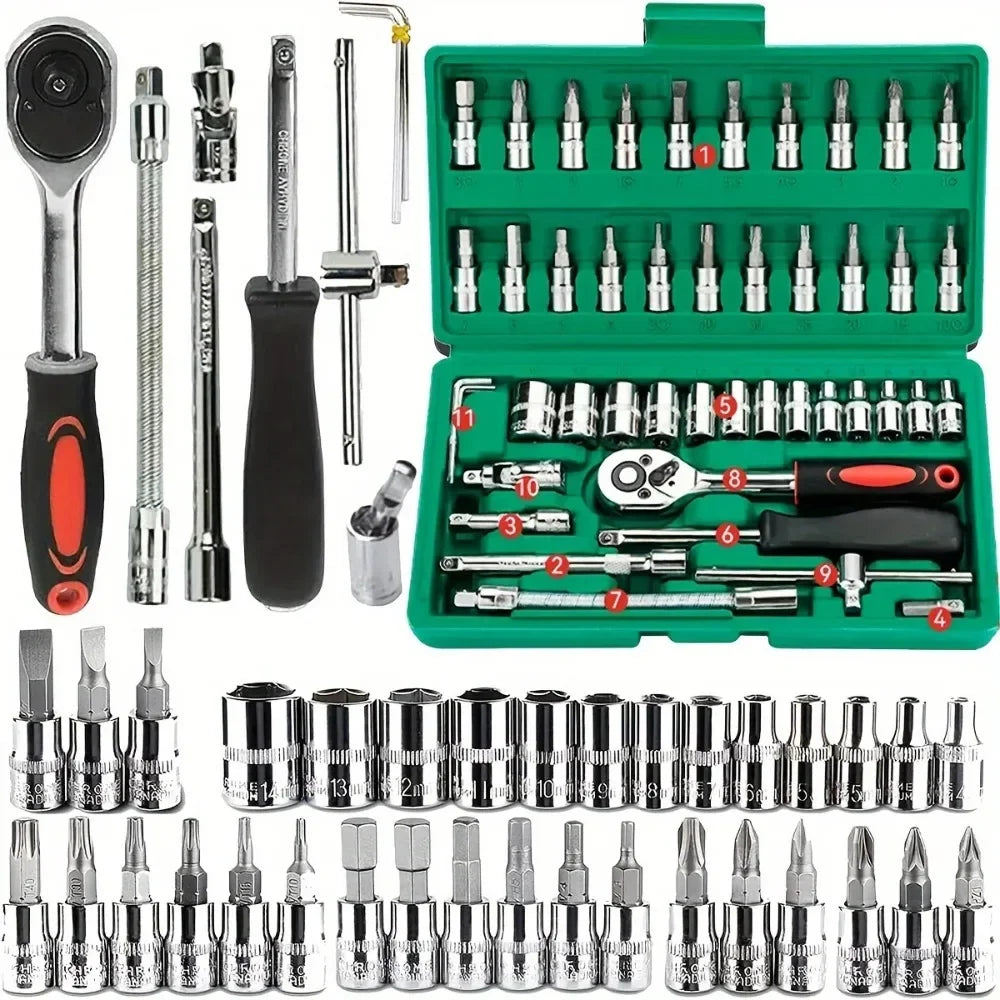 46 peças conjunto de chave de catraca de soquete de unidade de 1/4 de polegada, com conjunto de soquete de broca métrica e barra de extensão para reparo de automóveis