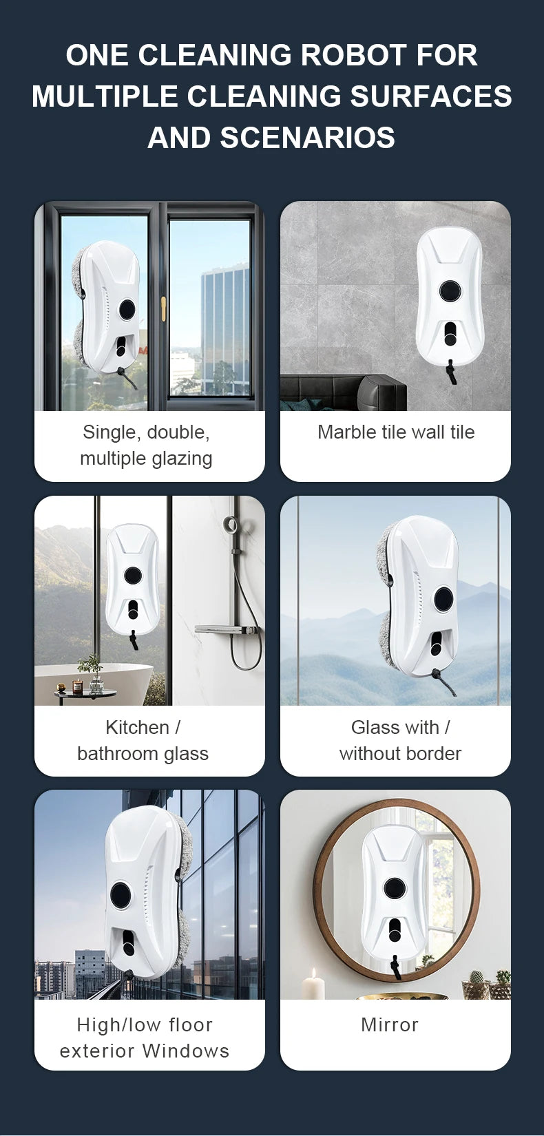Robô de Limpeza Inteligente de Vidros com Função de Pulverização Automática de Água e Sistema Magnético Antiqueda.