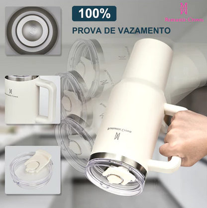 ROMANTIC CROWN Copo Térmico Inox Portátil 1200ml/1.2L Garrafa Térmica Inoxidável com Tampa e Canudo