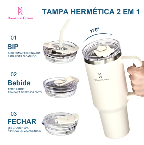 ROMANTIC CROWN Copo Térmico Inox Portátil 1200ml/1.2L Garrafa Térmica Inoxidável com Tampa e Canudo
