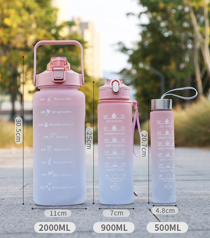 KIT com 3 Garrafas (2L, 900ml, 300ml) - Motivacional com Adesivos 2D e 3D