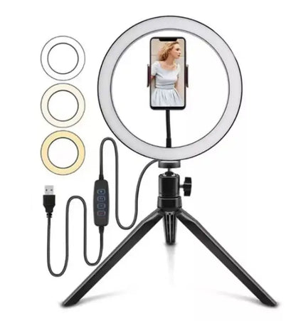 Ring Light LED 20cm 8 Polegadas com Tripé de Mesa e Suporte para Celular - Ideal para Maquiagem, Fotografia e Vídeo
