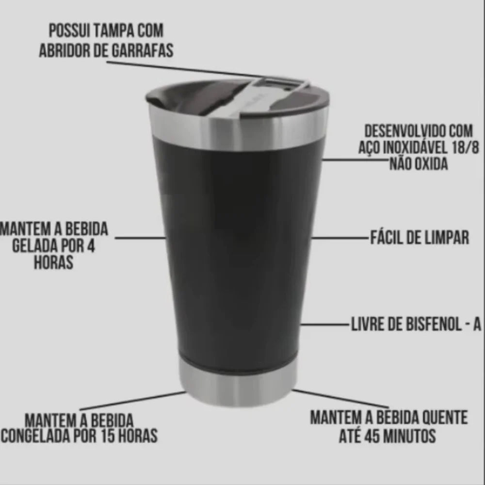 Copo Térmico 473ml com Tampa e Abridor - Mantém Bebidas Geladas ou Quentes por Mais Tempo