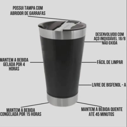 Copo Térmico 473ml com Tampa e Abridor - Mantém Bebidas Geladas ou Quentes por Mais Tempo