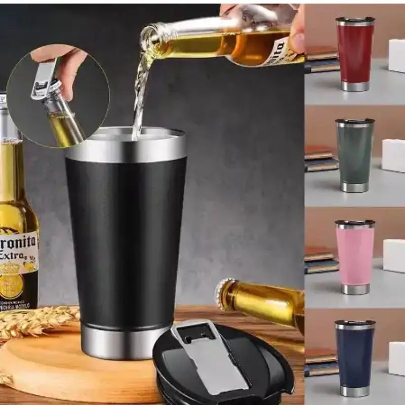 Copo Térmico De Cerveja,  Aço Inox Parede Dupla Com Tampa Semi Aberta 473ml