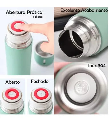 Conjunto Xicara e Garrafa a Vácuo em Aço Inox, ideal para Café e Chás.