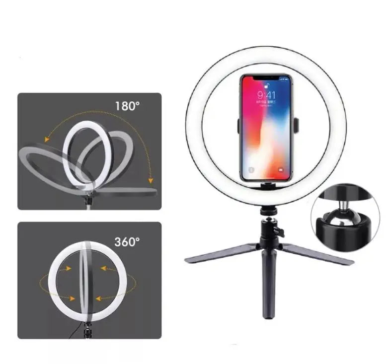Ring Light LED 20cm 8 Polegadas com Tripé de Mesa e Suporte para Celular - Ideal para Maquiagem, Fotografia e Vídeo