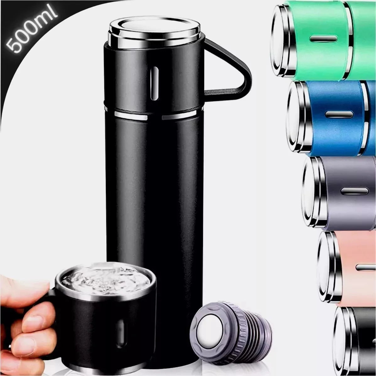 Conjunto Xicara e Garrafa a Vácuo em Aço Inox, ideal para Café e Chás.