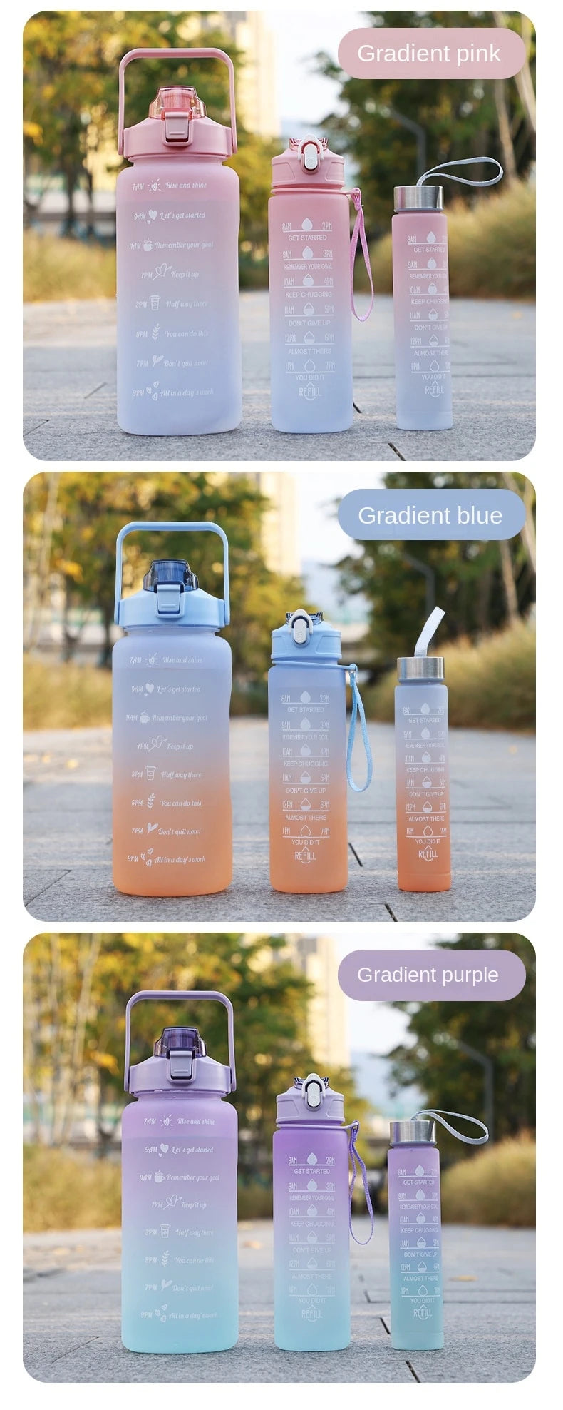 KIT com 3 Garrafas (2L, 900ml, 300ml) - Motivacional com Adesivos 2D e 3D