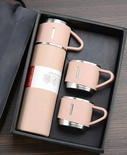 Conjunto Xicara e Garrafa a Vácuo em Aço Inox, ideal para Café e Chás.