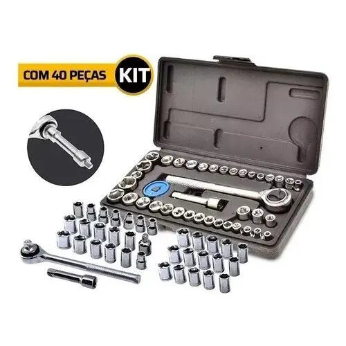 Kit de 40 Peças Chave de Catraca Reversível com Soquetes 1/4