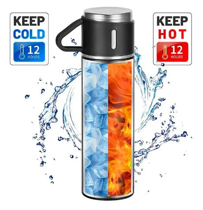 Conjunto Xicara e Garrafa a Vácuo em Aço Inox, ideal para Café e Chás.
