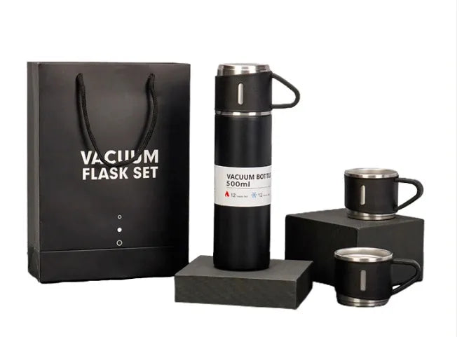 Conjunto Xicara e Garrafa a Vácuo em Aço Inox, ideal para Café e Chás.