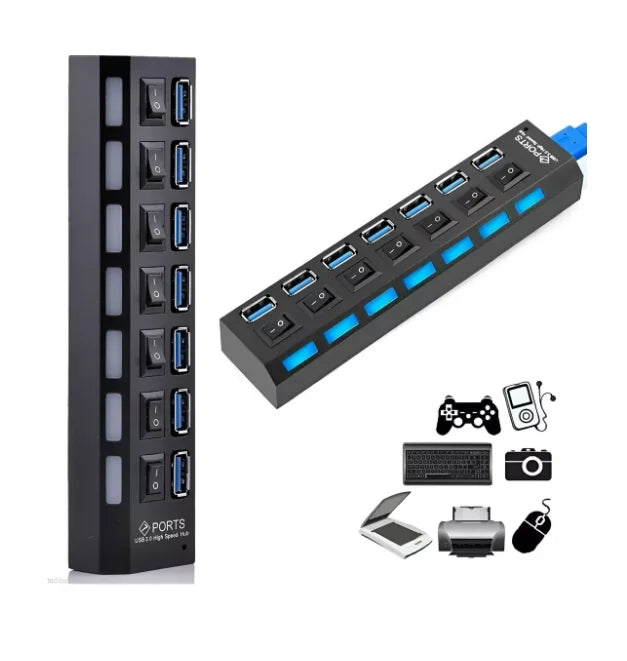 Hub USB 2.0 de 7 Portas para PC - Extensão para HD Externo e Pendrive