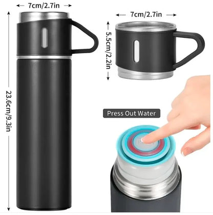 Conjunto Xicara e Garrafa a Vácuo em Aço Inox, ideal para Café e Chás.