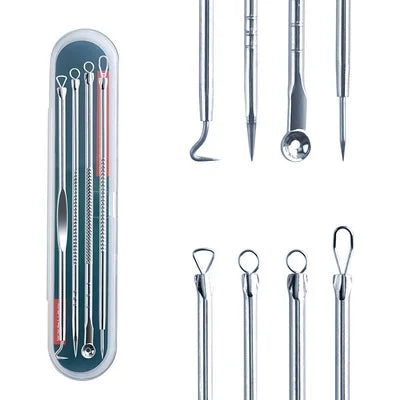 Kit 4 Ferramentas de Beleza Removedor de Cravo, Espinha, Aço Inoxidável