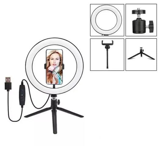 Ring Light LED 20cm 8 Polegadas com Tripé de Mesa e Suporte para Celular - Ideal para Maquiagem, Fotografia e Vídeo