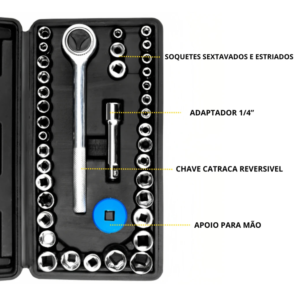 Kit de 40 Peças Chave de Catraca Reversível com Soquetes 1/4