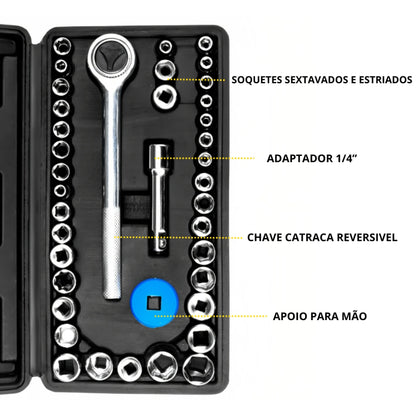 Kit de 40 Peças Chave de Catraca Reversível com Soquetes 1/4
