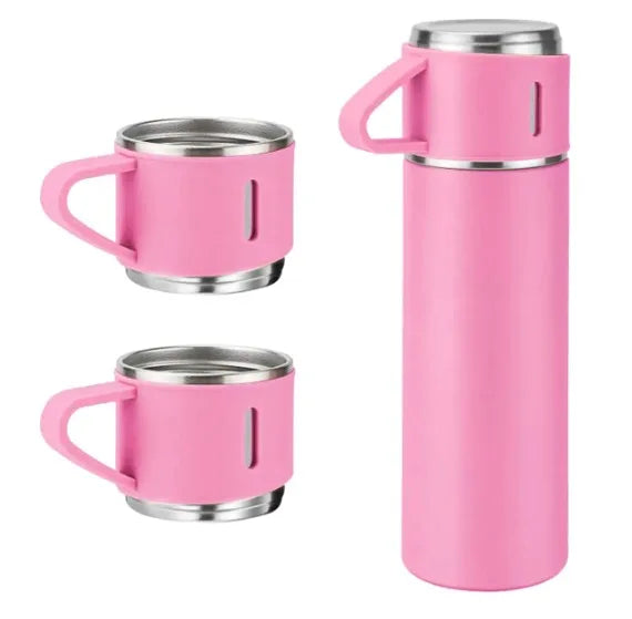 Conjunto Xicara e Garrafa a Vácuo em Aço Inox, ideal para Café e Chás.
