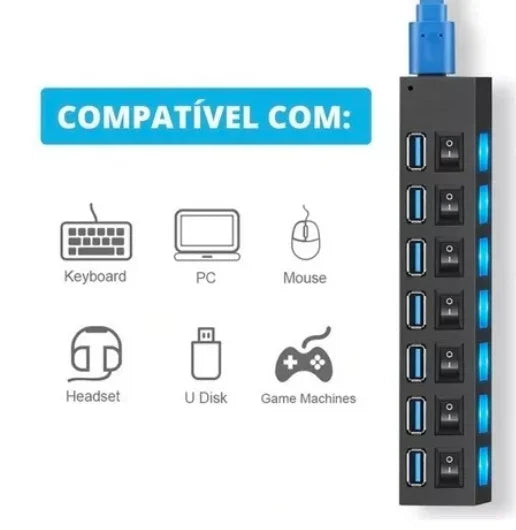 Hub USB 2.0 de 7 Portas para PC - Extensão para HD Externo e Pendrive