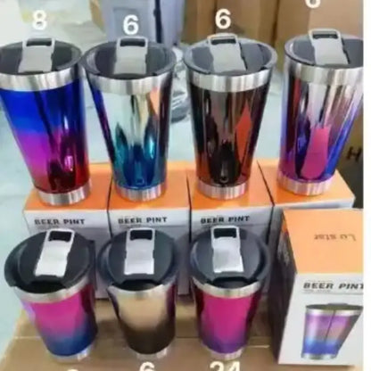 Copo Térmico De Cerveja,  Aço Inox Parede Dupla Com Tampa Semi Aberta 473ml