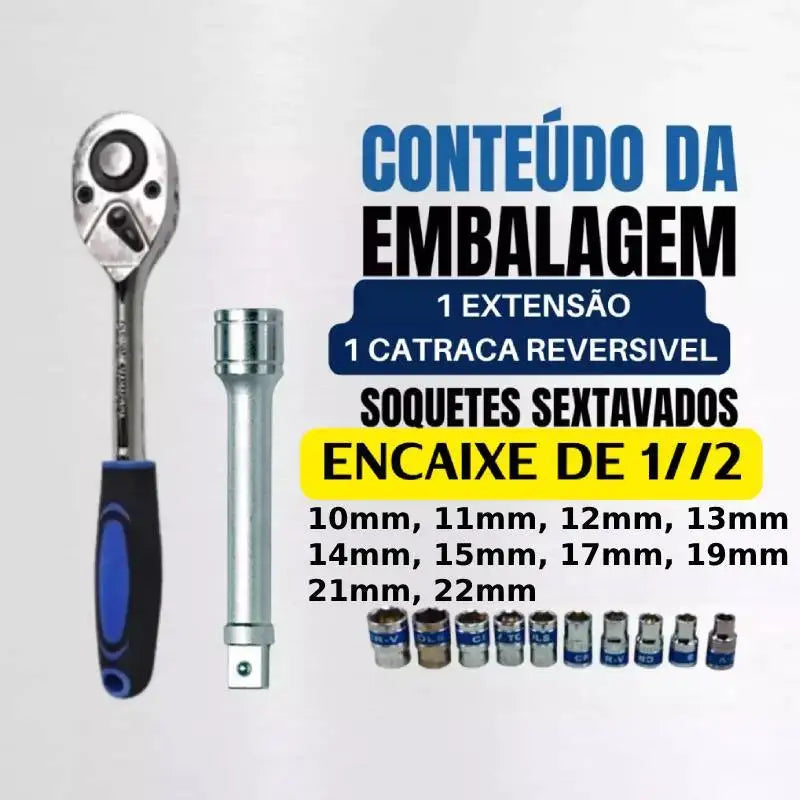 Jogo Soquetes Curto 1/2 Pol. Sextavados 10mm a 22mm Com 12 Pçs