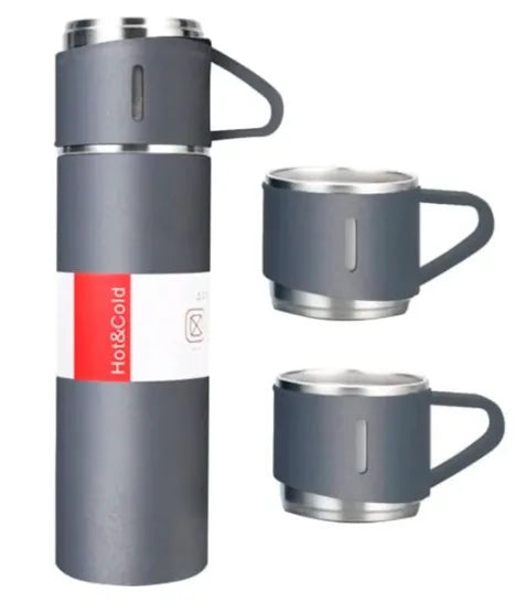 Conjunto Xicara e Garrafa a Vácuo em Aço Inox, ideal para Café e Chás.
