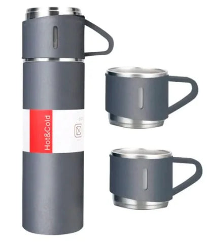 Conjunto Xicara e Garrafa a Vácuo em Aço Inox, ideal para Café e Chás.