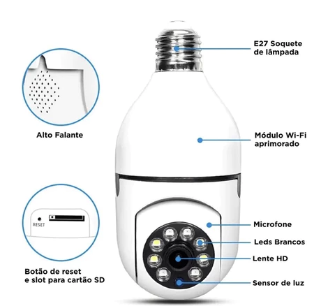 Câmera Segurança Wifi Ip Sem Fio 360 Com Encaixe Lâmpada Bocal Aplicativo Full HD Visão - Bivolt