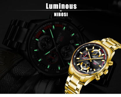 Relógio Masculino Nibosi Ouro Militar - Cronógrafo de Luxo em Aço Inoxidável com Movimento Quartzo