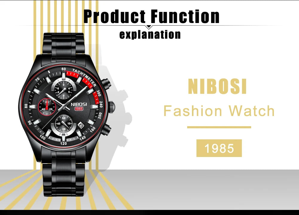 Relógio Masculino Nibosi Ouro Militar - Cronógrafo de Luxo em Aço Inoxidável com Movimento Quartzo