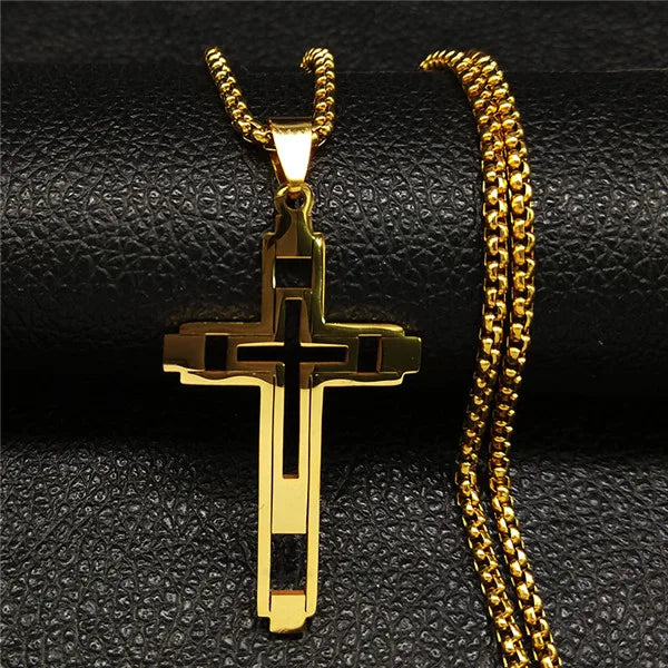 Cruz de Aço Inoxidável – Gargantilha Colar para Homem Banhada a Ouro – Joias Masculinas com Corrente Estilosa (Modelo N1173S02)