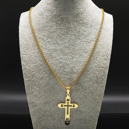 Cruz de Aço Inoxidável – Gargantilha Colar para Homem Banhada a Ouro – Joias Masculinas com Corrente Estilosa (Modelo N1173S02)