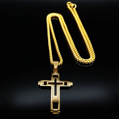 Cruz de Aço Inoxidável – Gargantilha Colar para Homem Banhada a Ouro – Joias Masculinas com Corrente Estilosa (Modelo N1173S02)