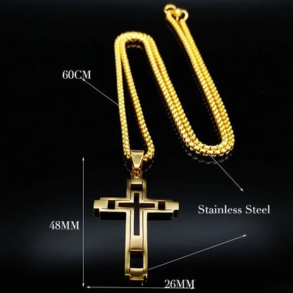 Cruz de Aço Inoxidável – Gargantilha Colar para Homem Banhada a Ouro – Joias Masculinas com Corrente Estilosa (Modelo N1173S02)