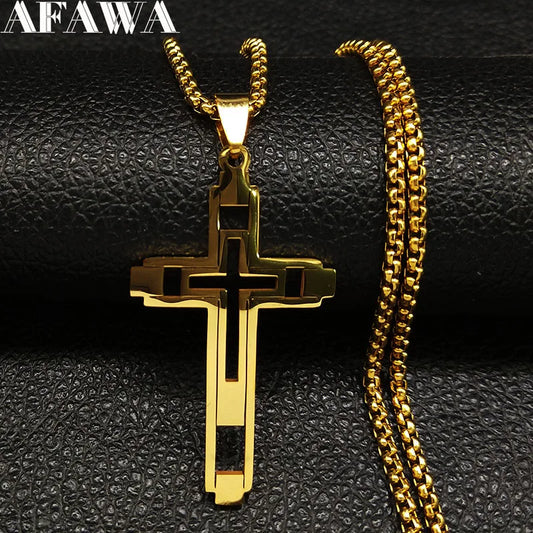 Cruz de Aço Inoxidável – Gargantilha Colar para Homem Banhada a Ouro – Joias Masculinas com Corrente Estilosa (Modelo N1173S02)