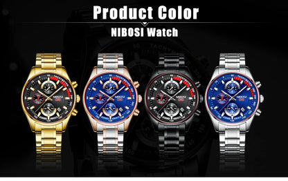 Relógio Masculino Nibosi Ouro Militar - Cronógrafo de Luxo em Aço Inoxidável com Movimento Quartzo