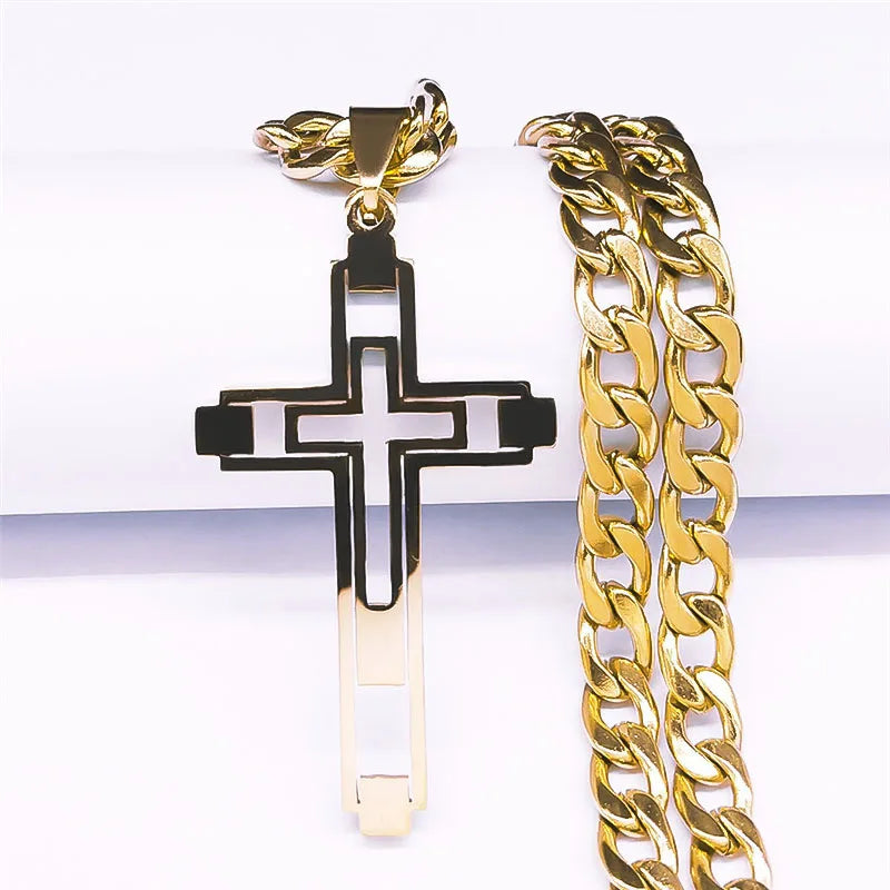 Colar Hip Hop de Cruz – Corrente Longa de Aço Inoxidável Banhada a Ouro – Joias Modernas para Homens e Mulheres 2025