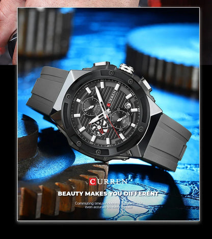 Relógio Masculino CURREN - Moda Esportes, Multifuncional, Cronógrafo com Pulseira de Silicone e Mostrador Luminoso