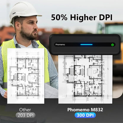 Phomemo M08F Impressora Térmica Portátil + Papel Térmico 50/80/110mm A4 Secagem Rápida - Compatível com M832/M834/M835 - Ideal para Estudo e Trabalho