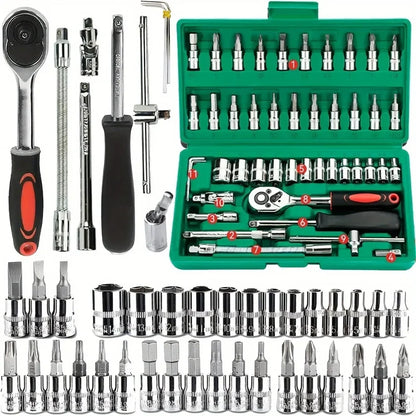 46 peças conjunto de chave de catraca de soquete de unidade de 1/4 de polegada, com conjunto de soquete de broca métrica e barra de extensão para reparo de automóveis