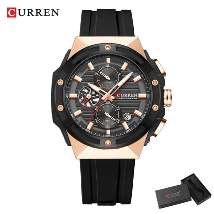 Relógio Masculino CURREN - Moda Esportes, Multifuncional, Cronógrafo com Pulseira de Silicone e Mostrador Luminoso