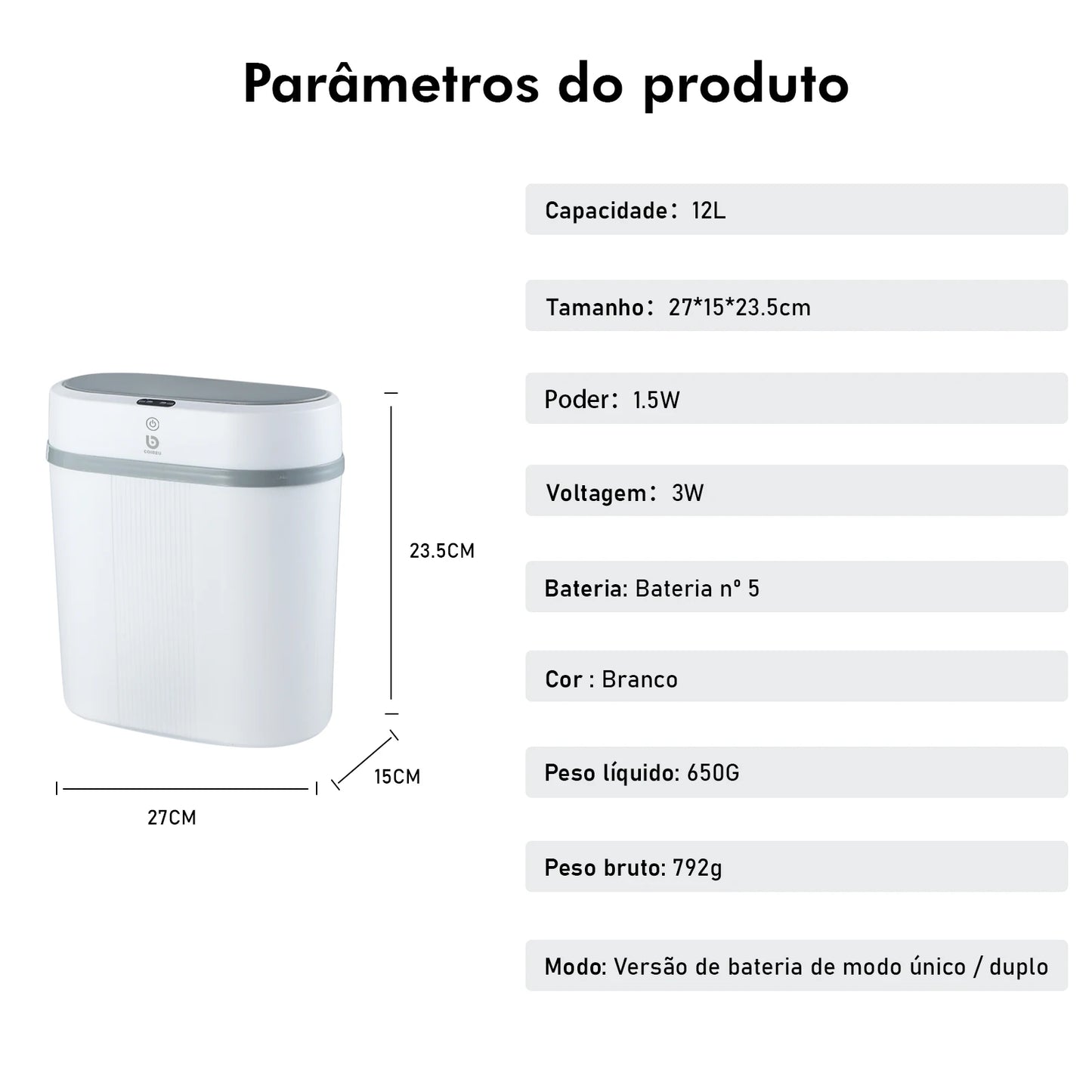 Lixeira Automática com Sensor, Lixeira de Banheiro, Lixeira Automática, Lixeira para Cozinha, Lixeira Inteligente com Sensor, 12L