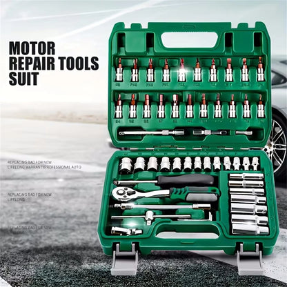 46 peças conjunto de chave de catraca de soquete de unidade de 1/4 de polegada, com conjunto de soquete de broca métrica e barra de extensão para reparo de automóveis