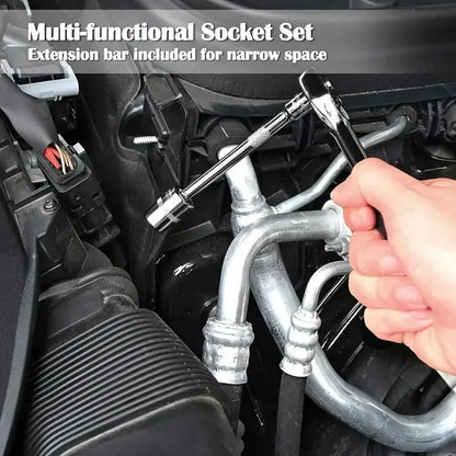 46 peças conjunto de chave de catraca de soquete de unidade de 1/4 de polegada, com conjunto de soquete de broca métrica e barra de extensão para reparo de automóveis