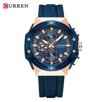 Relógio Masculino CURREN - Moda Esportes, Multifuncional, Cronógrafo com Pulseira de Silicone e Mostrador Luminoso